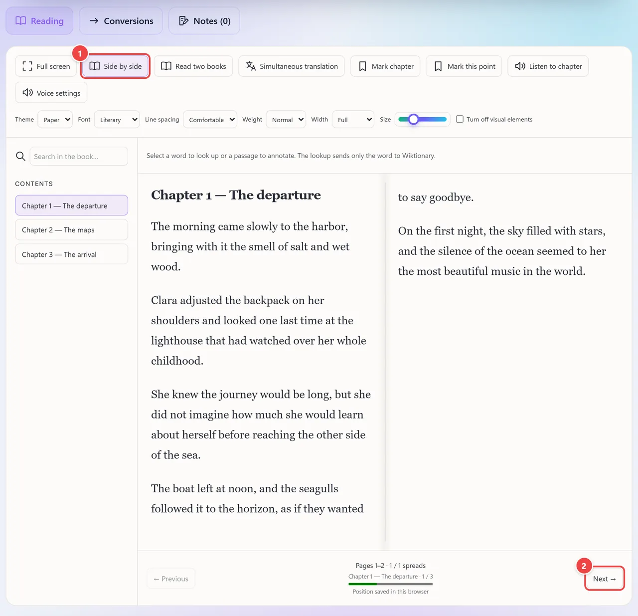 Reader in Side by side mode: the chapter paginated in two columns, like the pages of an open book, with navigation by pairs of pages.
