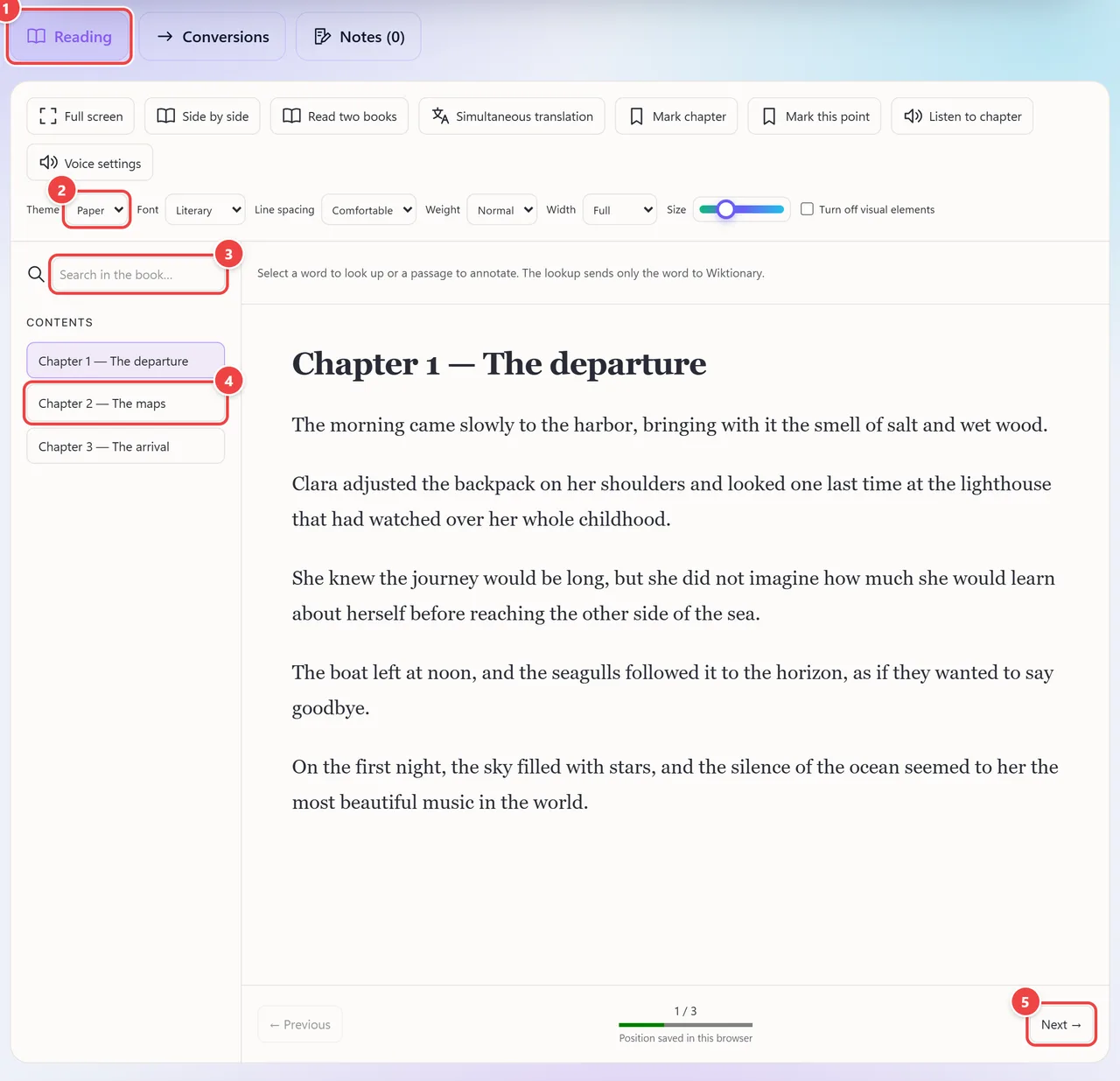 WebFaz E-books reader with the book The Lighthouse Voyage open: the Reading, Conversions and Notes tabs, the chapter table of contents on the left, the search, the theme, font, line spacing, weight, width and size controls, and the chapter text in the center.