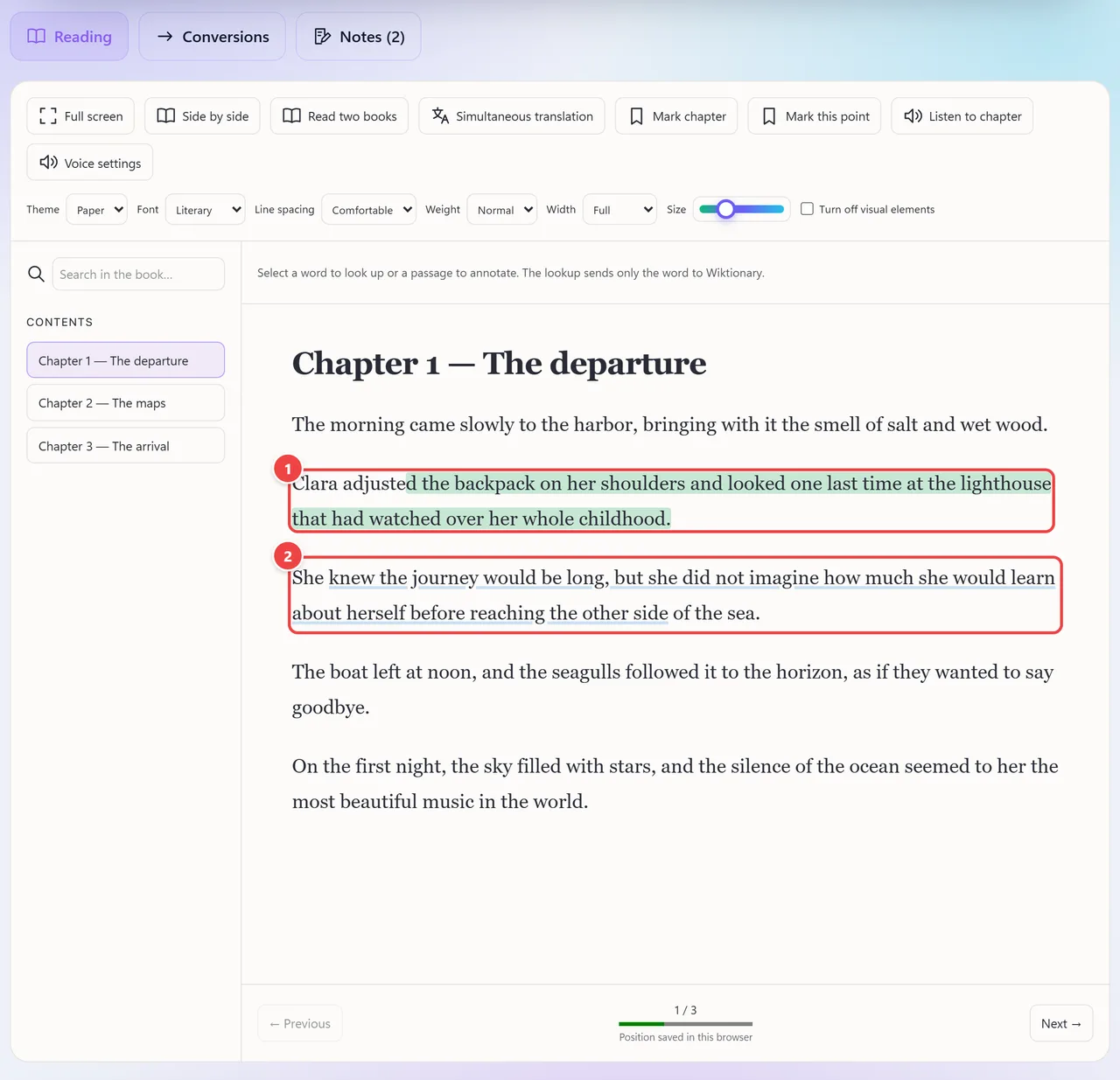 Book chapter with two passages marked: one in green highlight and another with a blue underline.