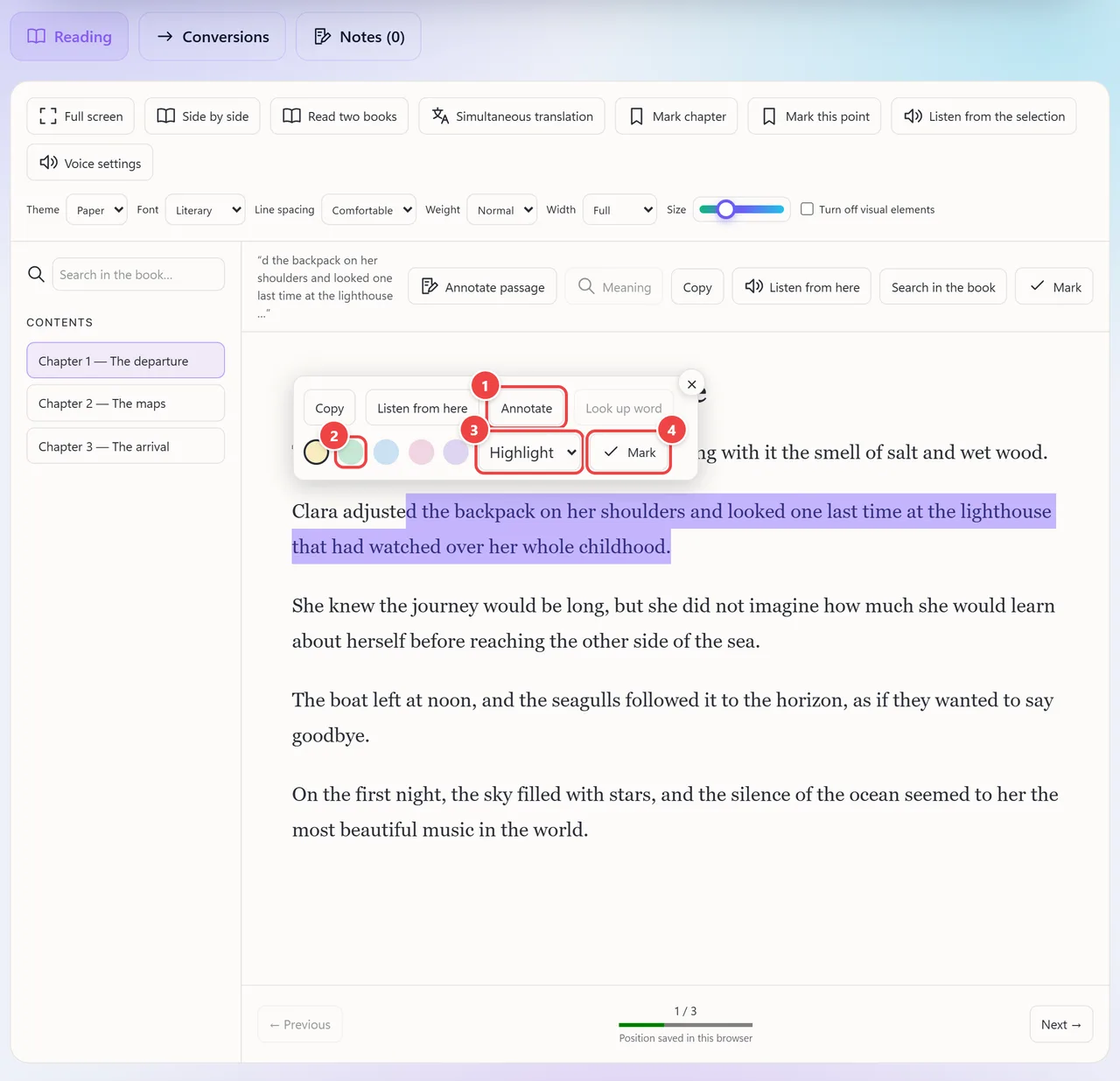 Selected passage in the reader with the action menu open: Copy, Note and Look up word, five highlight colors, the choice between Highlight and Underline and the Mark button.