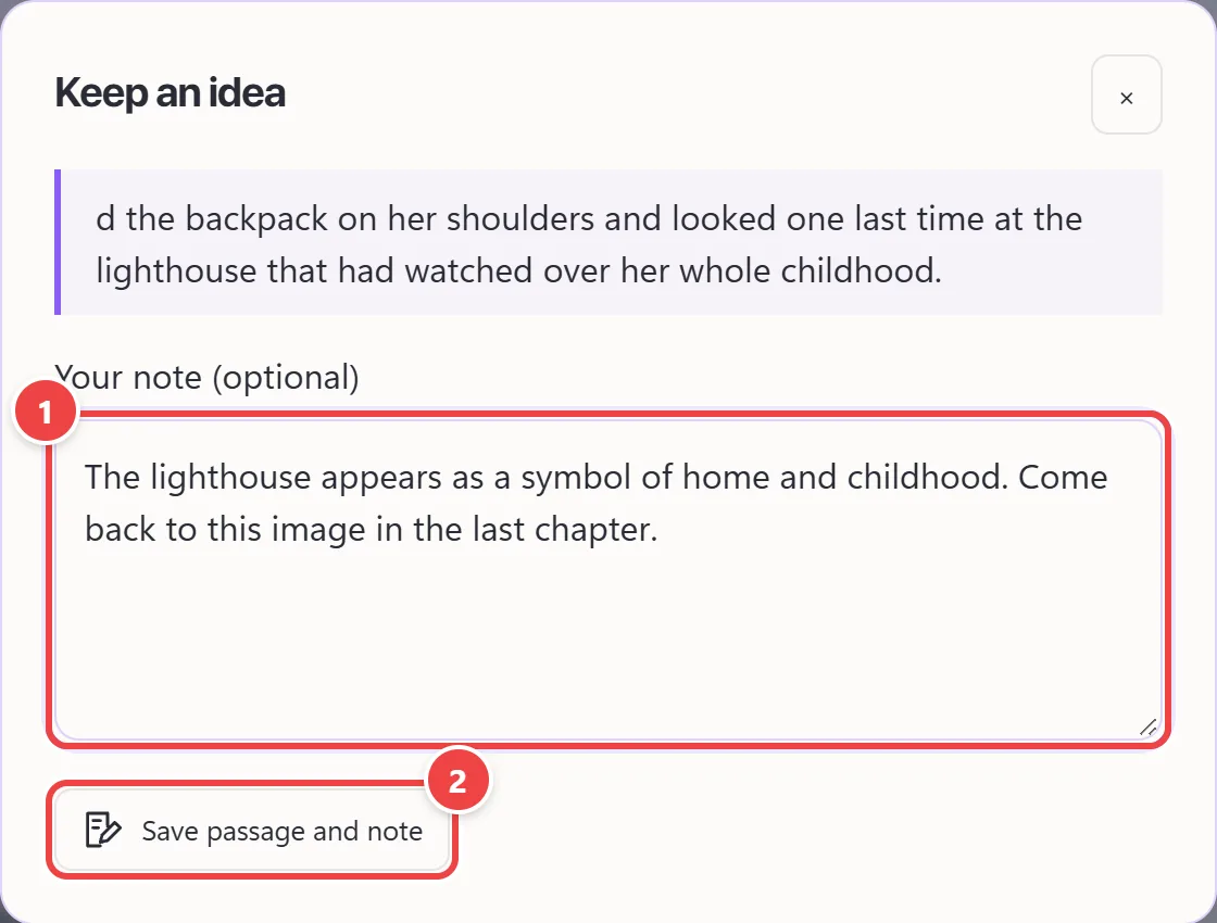 Save an idea window with the selected passage of the book, the box to write your note already filled in and the Save passage and note button.