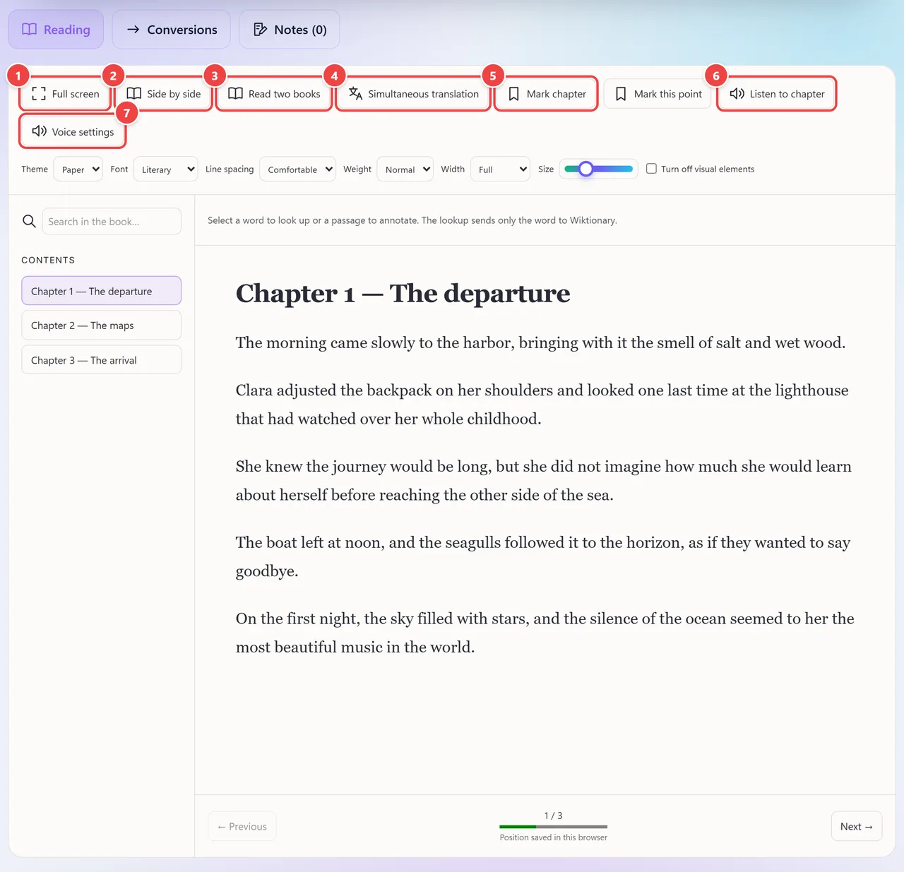 Feature bar of the WebFaz e-book reader with the Full screen, Side by side, Read two books, Simultaneous translation, Bookmark chapter, Listen and Voice settings buttons.