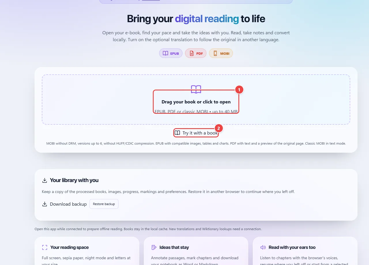WebFaz E-books with the area to open an EPUB, PDF or MOBI book and the Try with a book button.