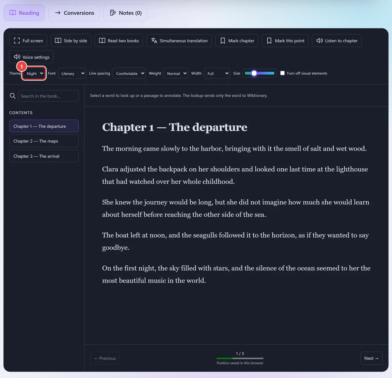 Reader in night theme, with a dark background and light letters, showing the book chapter and the appearance controls.