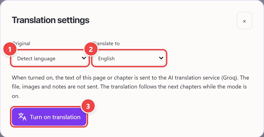Translation settings window with the choice of the original language (detect language), the translation language (Portuguese), the notice that the page text is sent to the translation service and the Turn on translation button.