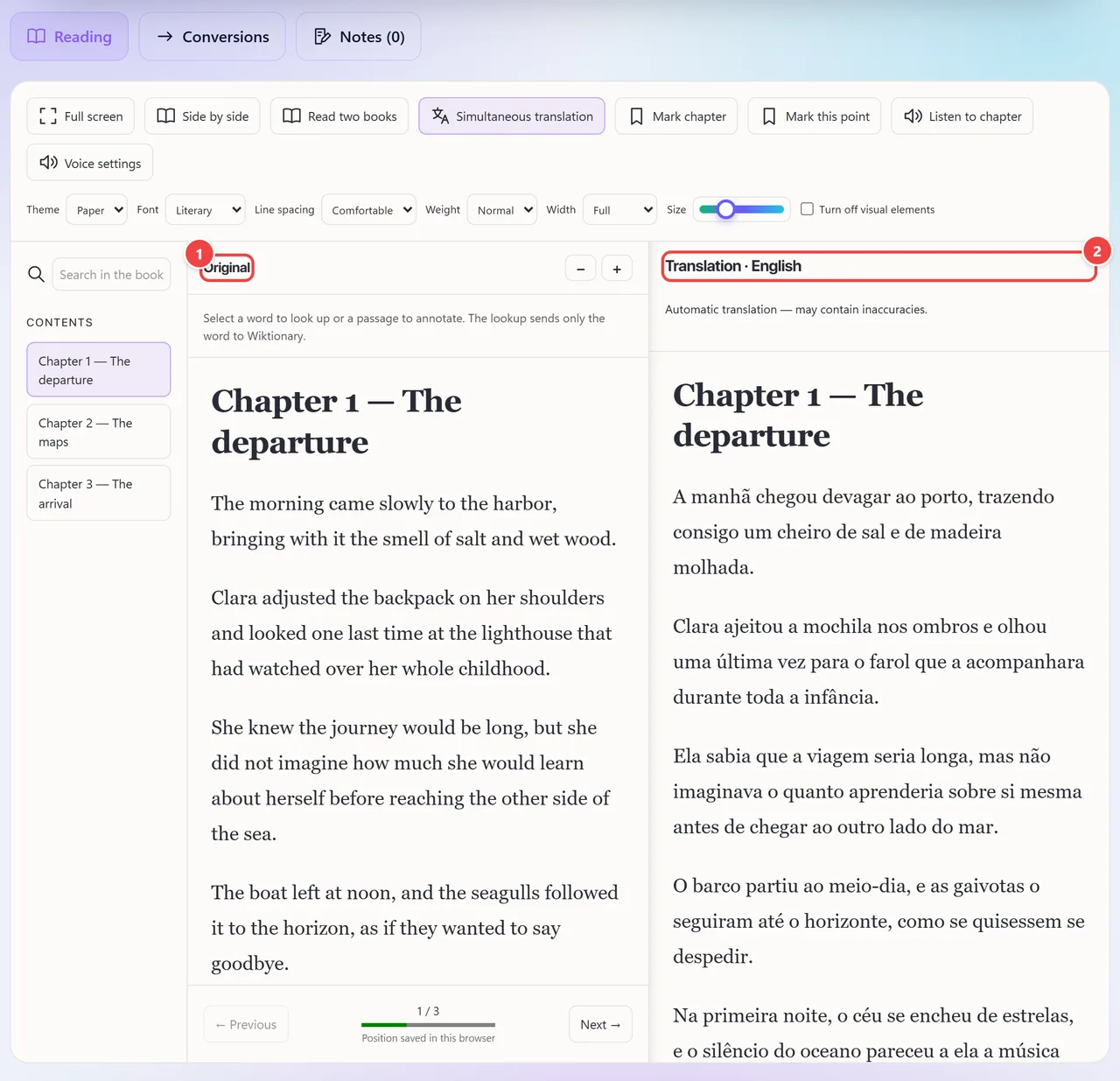 Reader with simultaneous translation on: the original English text on the left and the translation into Portuguese on the right, paragraph by paragraph.
