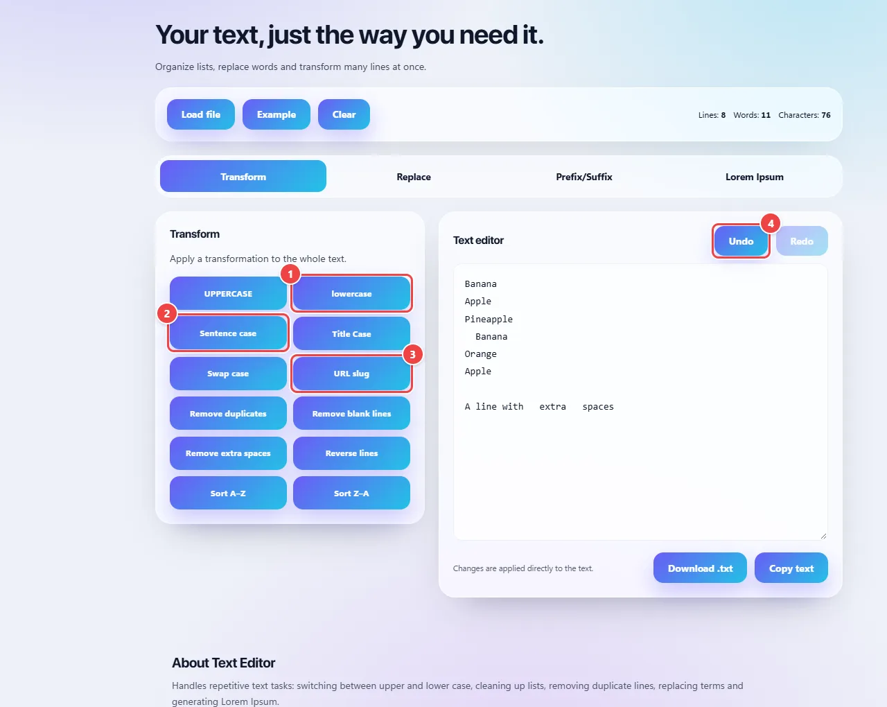 Text Editing with a sample text after applying lowercase and Sentence case, the case options (UPPERCASE, lowercase, Sentence case, Title Case, Swap case and URL slug) and the editor.