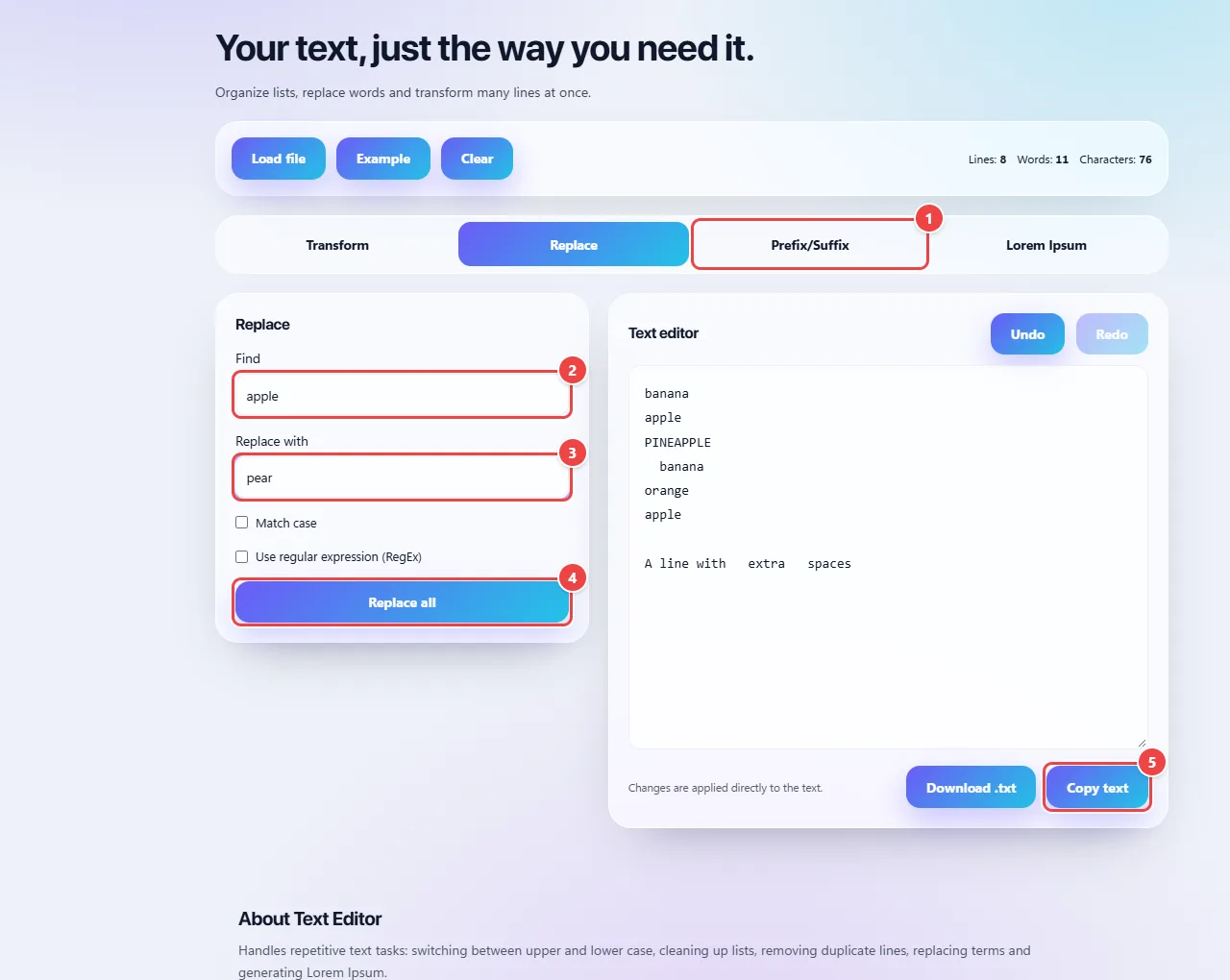 Text Editing on the Replace tab, with the Find and Replace with fields filled in, the options for case sensitivity and for using a regular expression, the Replace all button and the editor with the text.