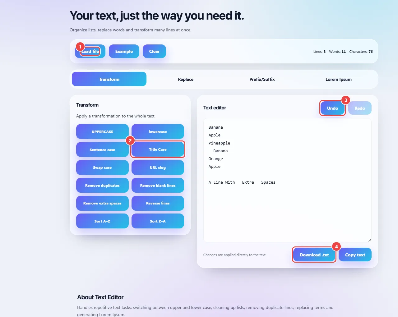 WebFaz Text Editing with the tabs Transform, Replace, Prefix/Suffix and Lorem Ipsum, the transformation buttons (uppercase, lowercase, Title Case, remove duplicates, sort) and the editor with the sample text.