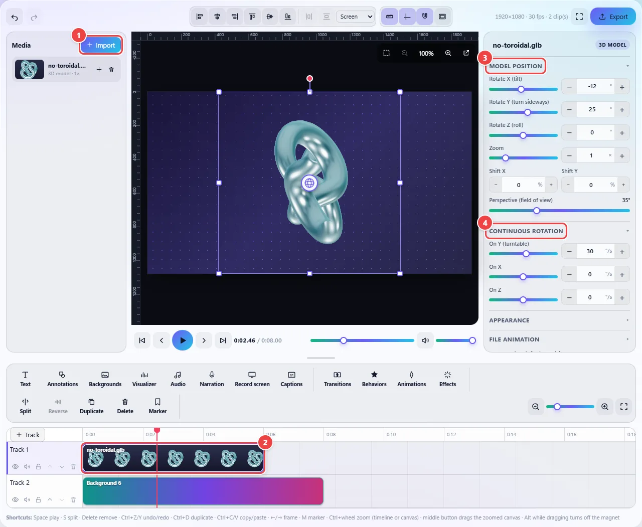 Editor with a metallic blue torus-knot 3D model spinning over a purple animated background; the right-hand panel shows the Model position and Continuous spin controls, and on the timeline the model clip is above the background clip.