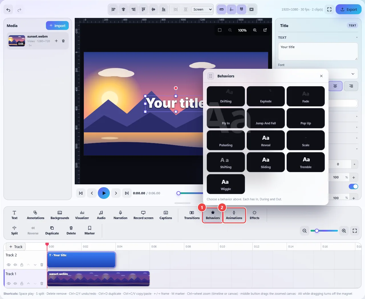 Behaviors panel open over the editor, with thirteen ready-made animations (Drifting, Explode, Fade, Fly In, Jump And Fall, Pop Up, Pulsating, Reveal, Scale, Shifting, Sliding, Tremble and Wiggle) and a title selected in the preview.