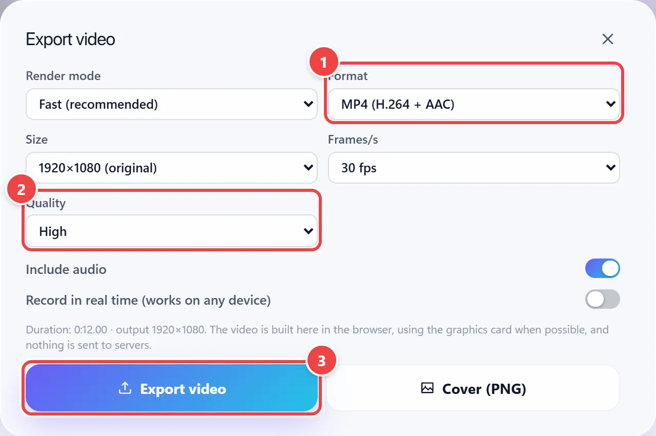Export video window, with the fields for rendering mode, MP4 or WebM format, size, frames per second and quality, the Export video button and the Cover (PNG) button.