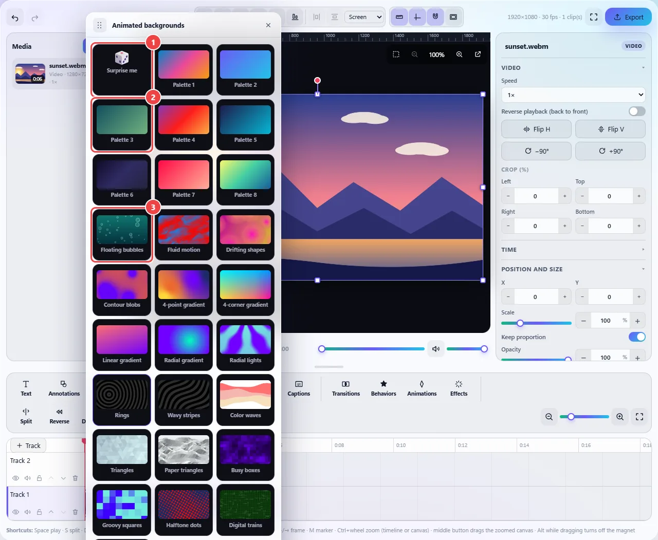 Animated backgrounds panel open, with the Surprise me cards, eight gradient palettes and nineteen animated background templates, such as Floating bubbles, Fluid motion, Color waves and Rings.