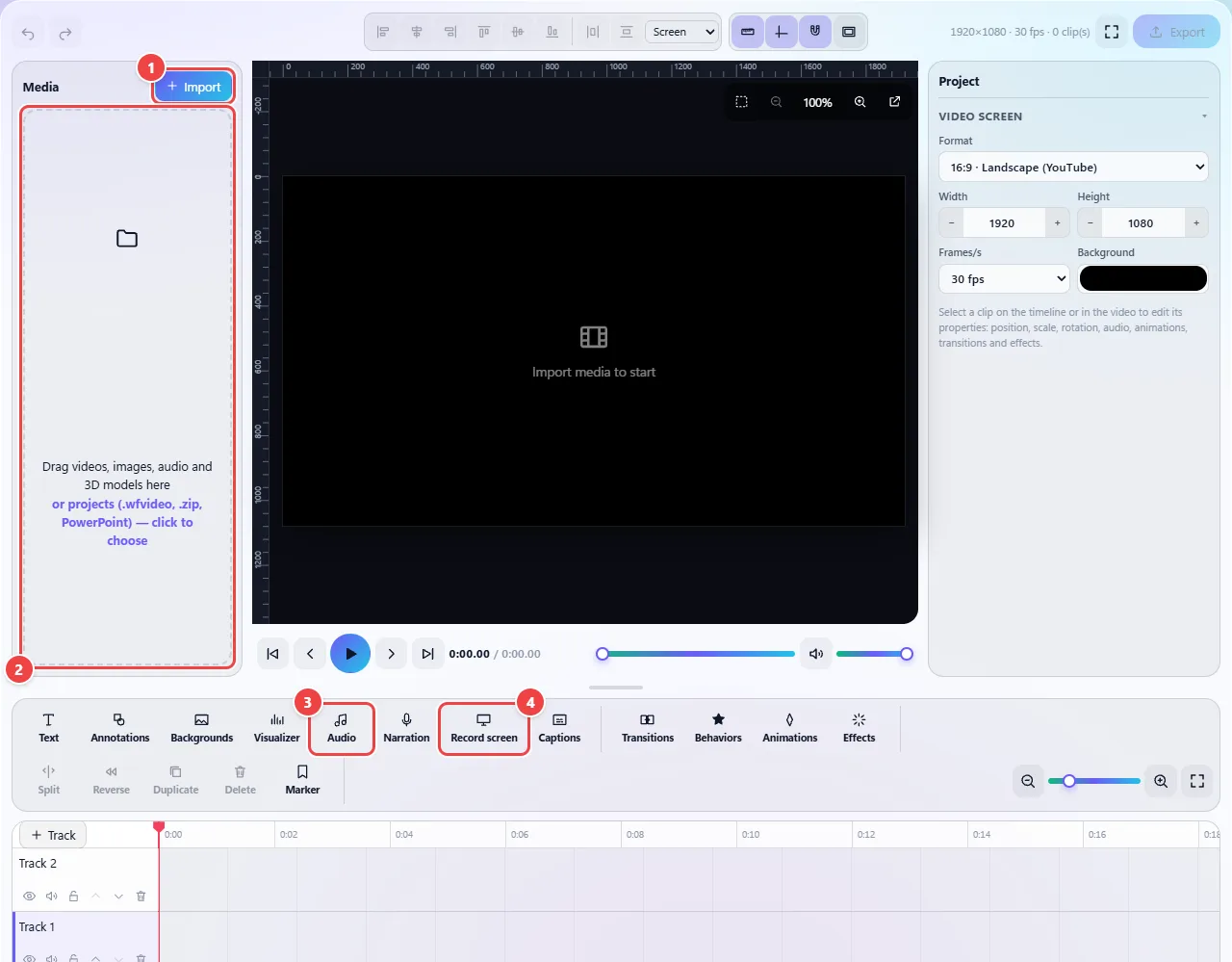 Video editor studio still empty: the media library shows the Import button and a dashed area to drag files, and the function bar has the Audio and Record screen buttons.