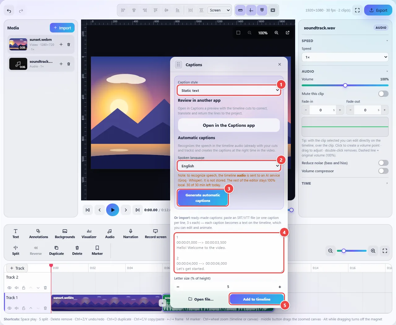 Captions panel open over the editor, with the caption style, the spoken language, the Generate automatic captions button, the audio-sending notice and the box to paste SRT or VTT captions.