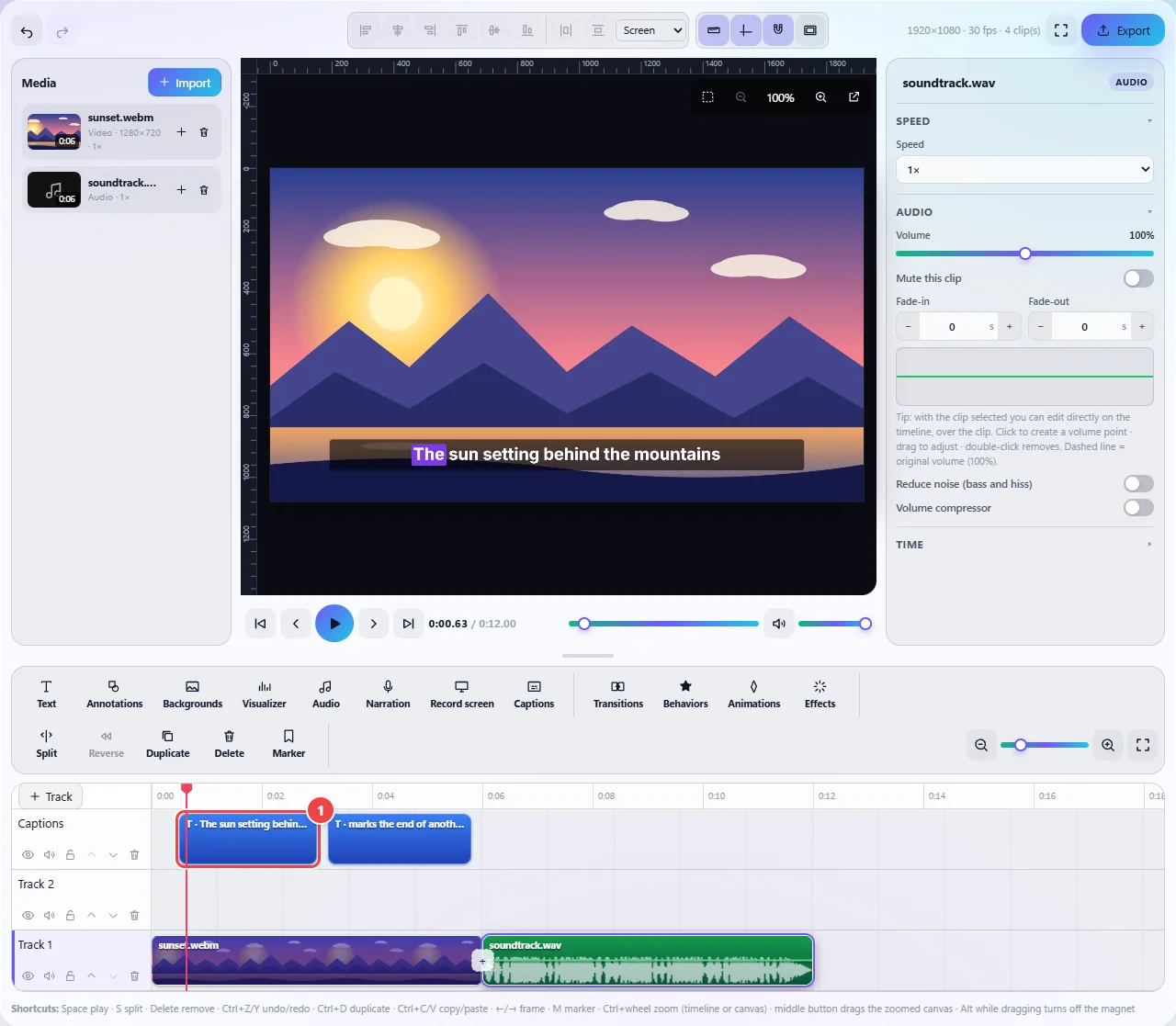 Editor with two imported captions over a sunset landscape: the word “The” appears highlighted with a purple background in the caption “The sun setting behind the mountains”, and the Captions track appears on the timeline.