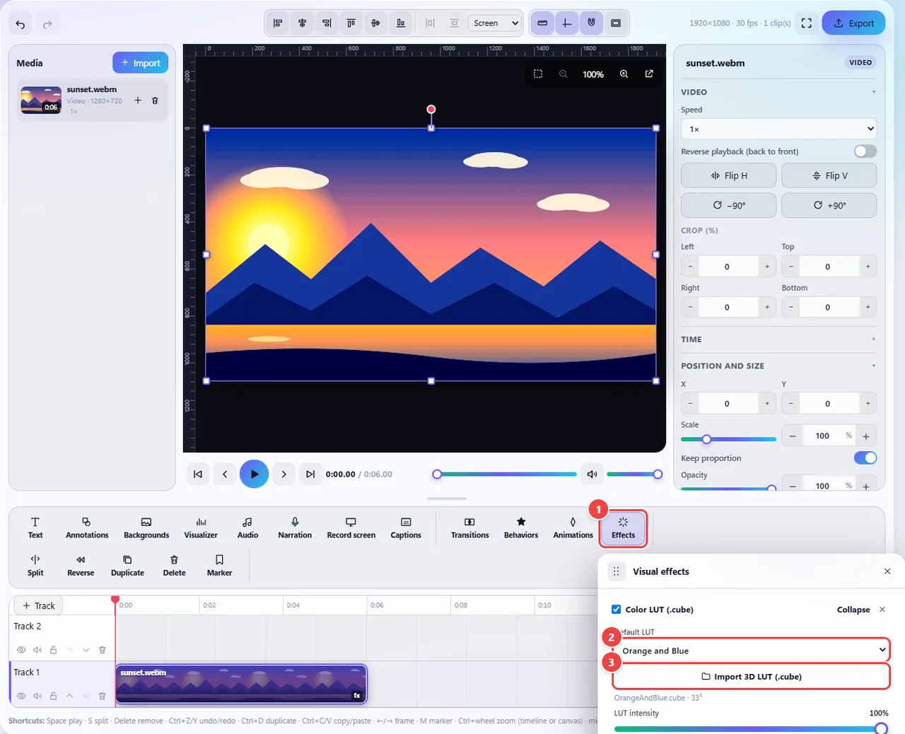 Editor with a landscape video in orange and blue tones after applying the Orange and Blue LUT, and the Visual effects panel open showing the list of standard LUTs, the button to import a .cube LUT and the intensity control.