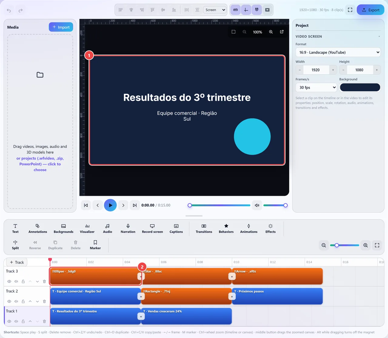 Editor after importing a three-slide presentation: the preview shows the first slide, with a title, a caption and a blue circle, and the timeline has three tracks with the texts and shapes of each slide in sequence.