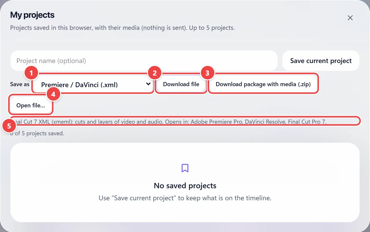 My projects window with the Save as selector open on the Premiere / DaVinci (.xml) format, the Download file, Download package with media (.zip) and Open file buttons, and the description of the format.