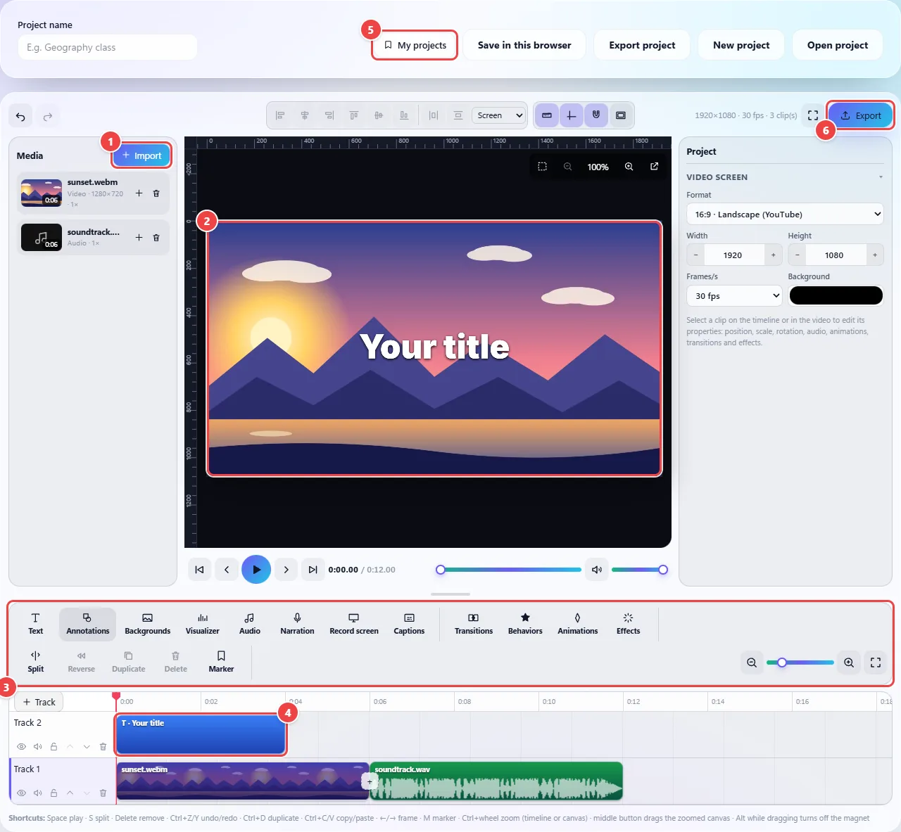 WebFaz video editor studio, with the media library on the left, the preview in the center, the properties on the right, the function bar and the timeline with two tracks below; numbered circles mark the main points.