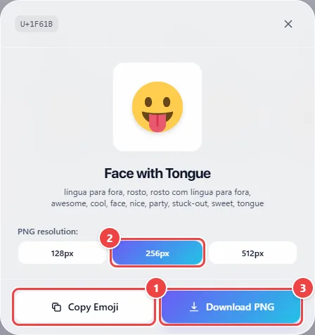 Details window of an emoji in WebFaz Emoji with the drawing at large size, the 128, 256 and 512 pixel size options and the Copy Emoji and Download PNG buttons.