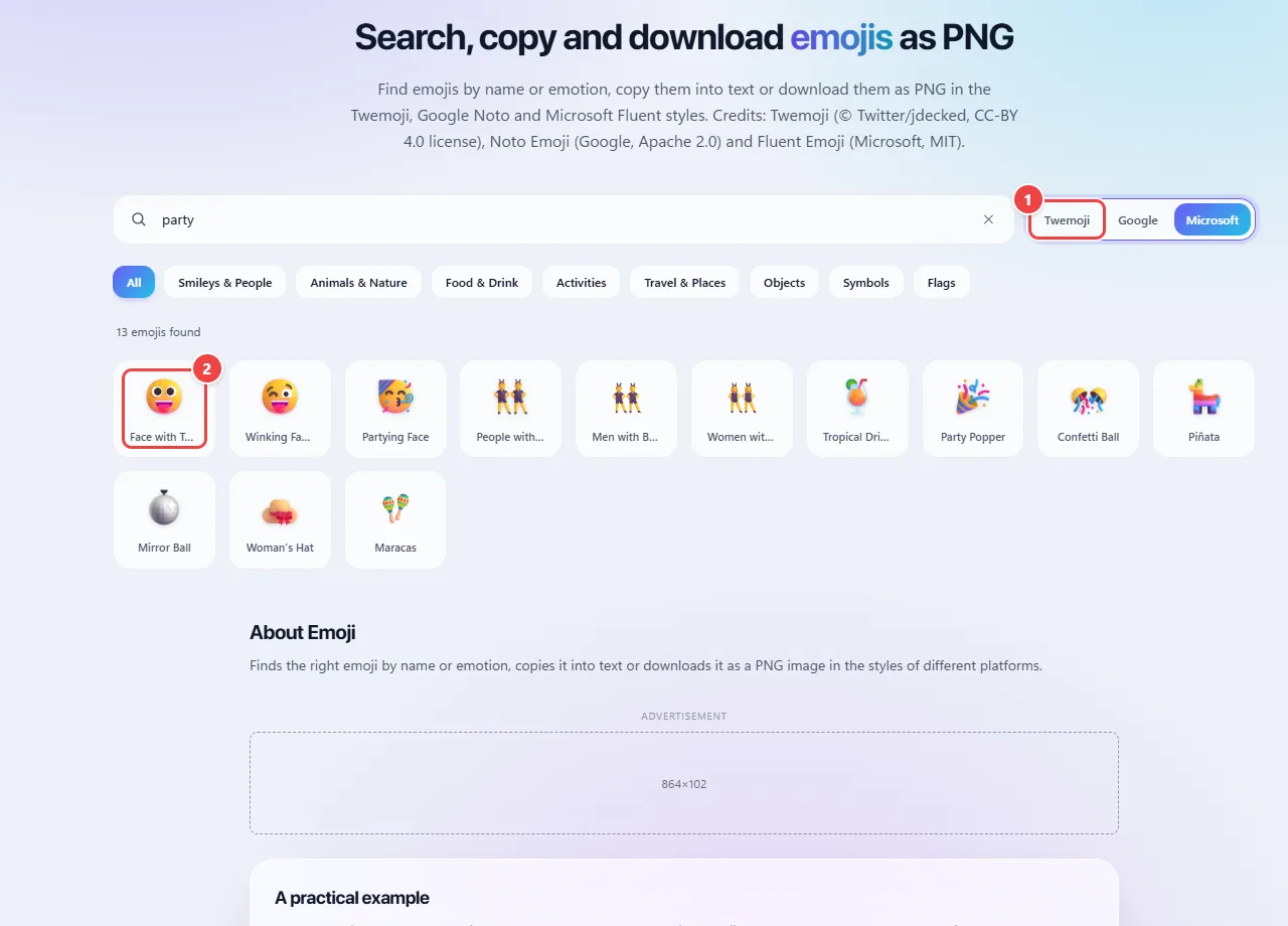WebFaz Emoji with the search “party” and the Microsoft style chosen: the grid shows the emojis drawn in the Fluent style, beside the Twemoji and Google buttons.
