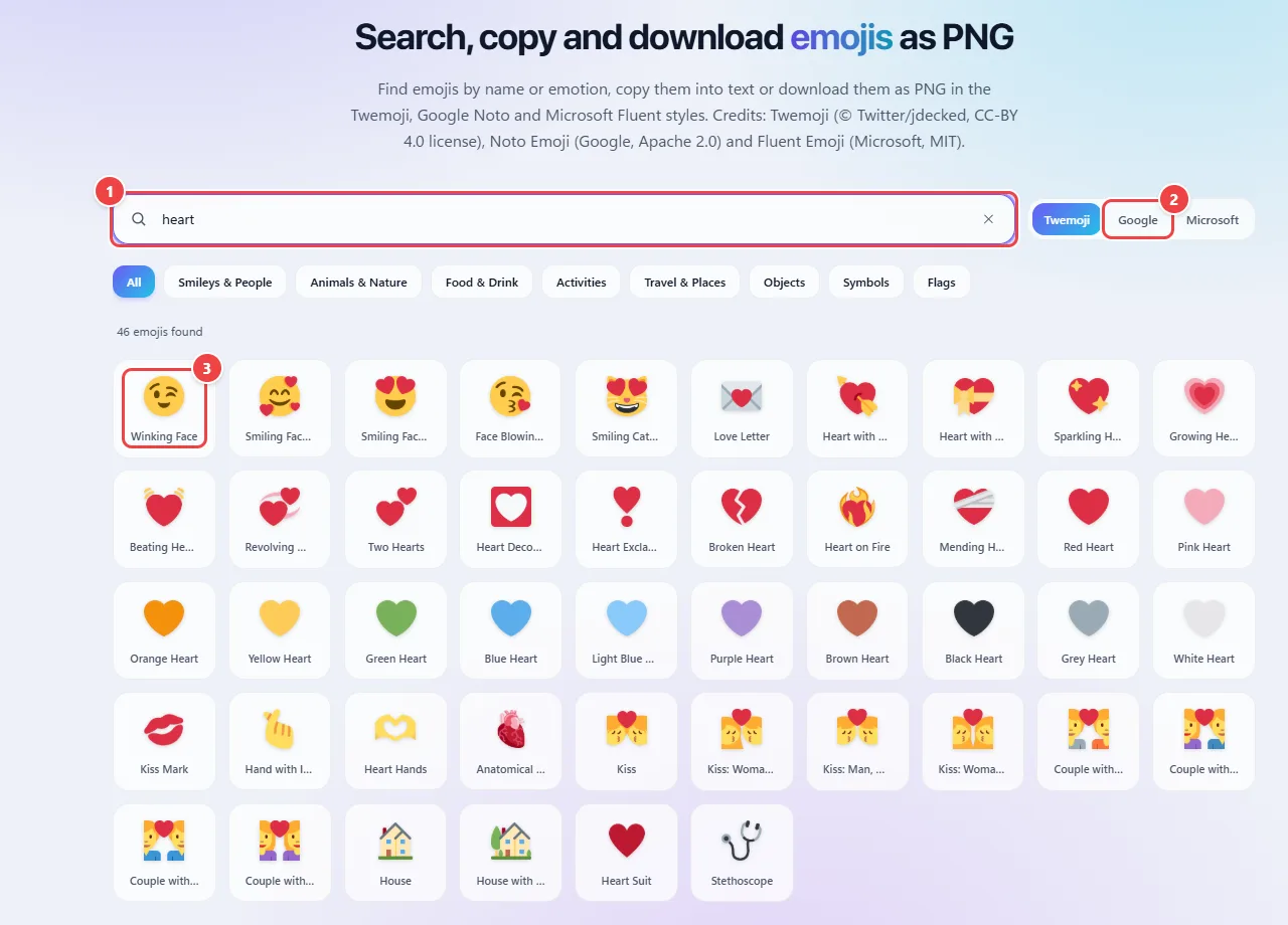 WebFaz Emoji with the search filled in with heart, the style tabs Twemoji, Google and Microsoft, the categories and the grid of emojis found.