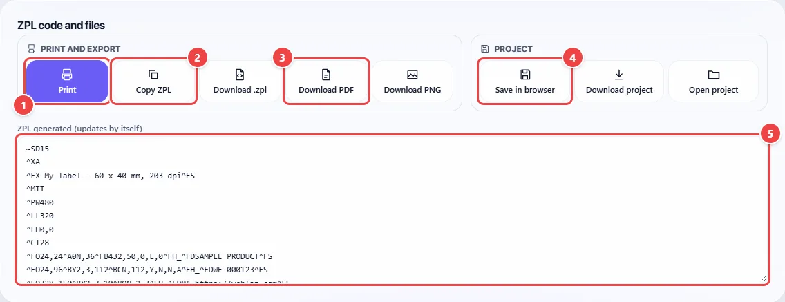 ZPL code and files section of Thermal Labels: the Print, Copy ZPL, Download .zpl, Download PDF and Download PNG buttons, the Project group with Save in browser, Download project and Open project, and the box with the generated ZPL code.