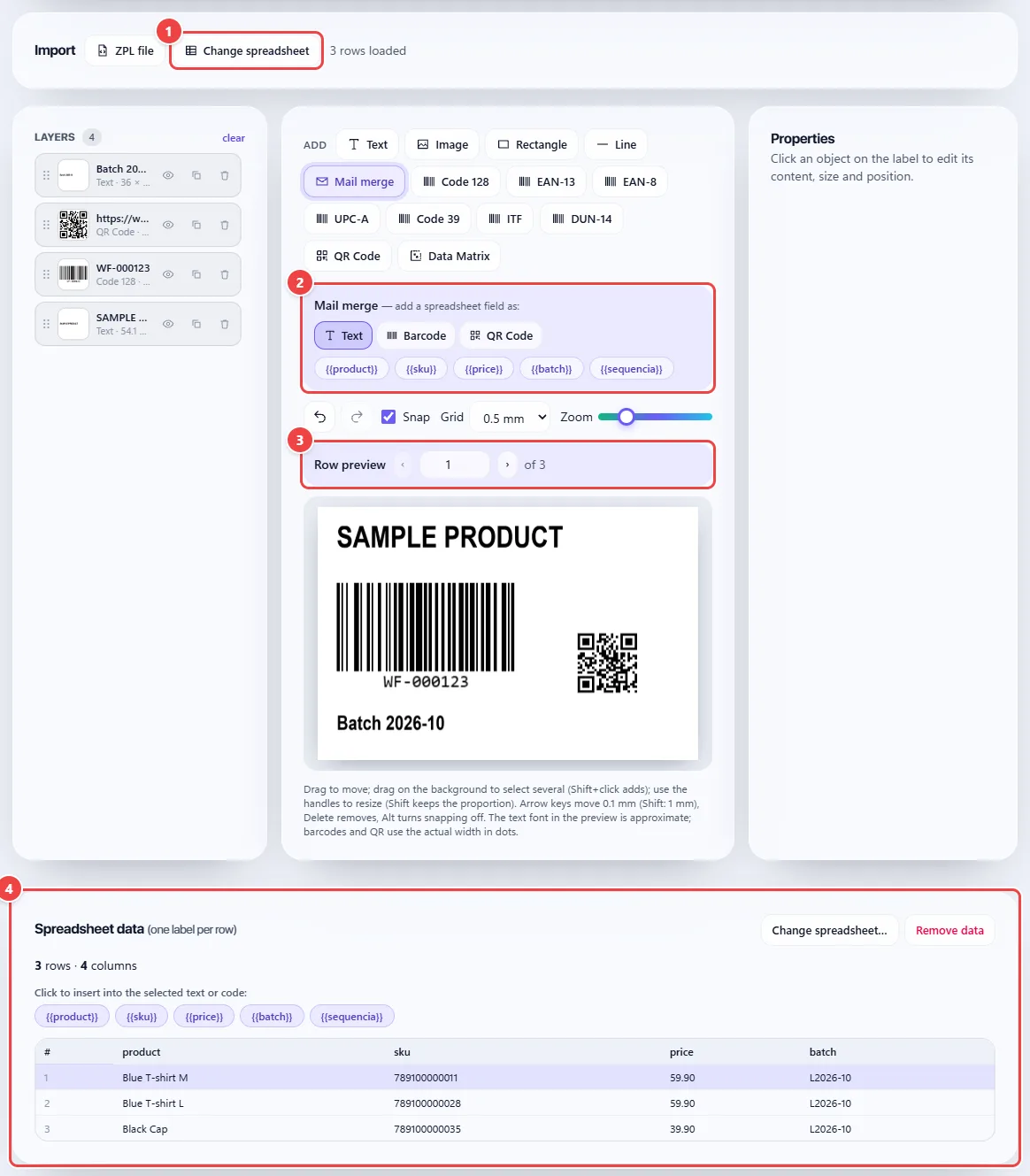 Thermal Labels with a sample spreadsheet imported: the Mail merge panel with the spreadsheet fields to insert as text, barcode or QR Code, the selector of the row shown in the preview and, below, the Spreadsheet data table with one label per row.