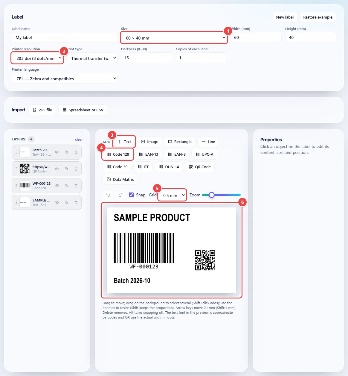 WebFaz Thermal Labels editor with a sample 60 × 40 mm label: the roll size and the printer resolution at the top, the bar to add text, image, shapes and barcodes, the label with text, Code 128 and QR Code in the preview and the layer list beside it.
