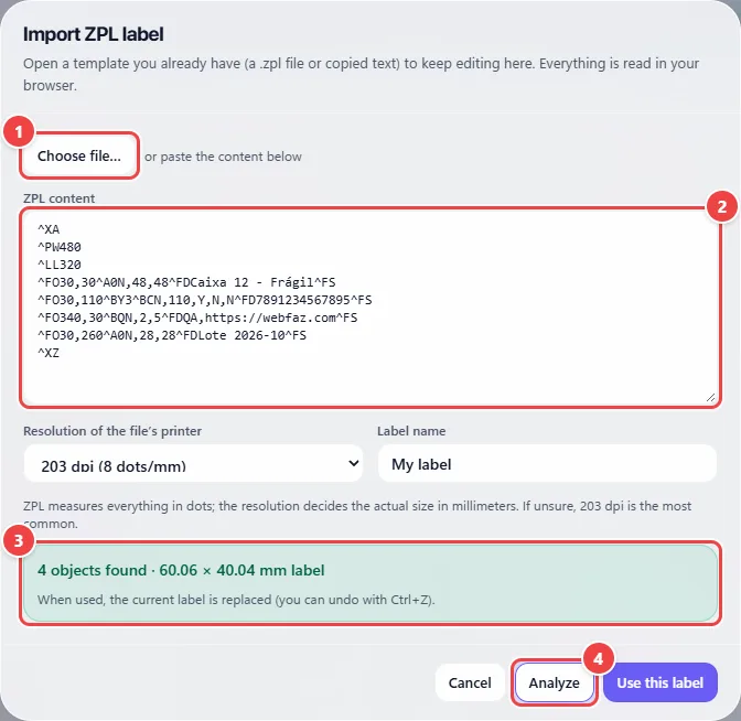 Import ZPL label window of Thermal Labels with a ZPL code pasted, the analysis summary with the recognized objects and the Cancel, Analyze and Import buttons.