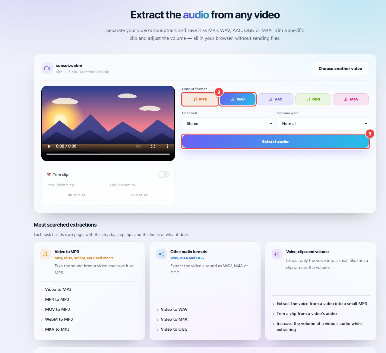 Audio Extraction with the WAV format selected, which keeps the track’s quality lossless, next to MP3, AAC, OGG and M4A, and the Extract audio button.