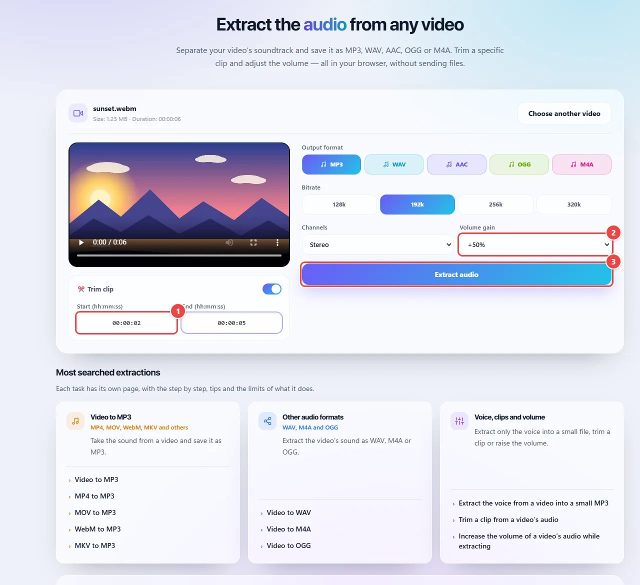 Audio Extraction with the Trim option turned on, the start at 00:00:02 and the end at 00:00:05, the +50% volume gain and the Extract audio button.