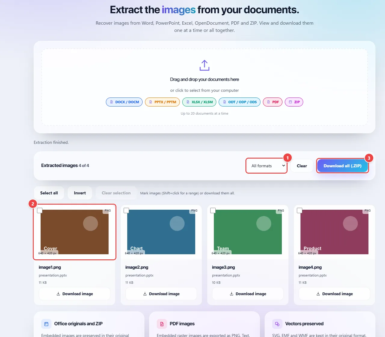 Image Extraction with a PowerPoint presentation read: the presentation’s four images appear as thumbnails, with the format filter and the Select all, Download all (.ZIP) and Clear buttons.