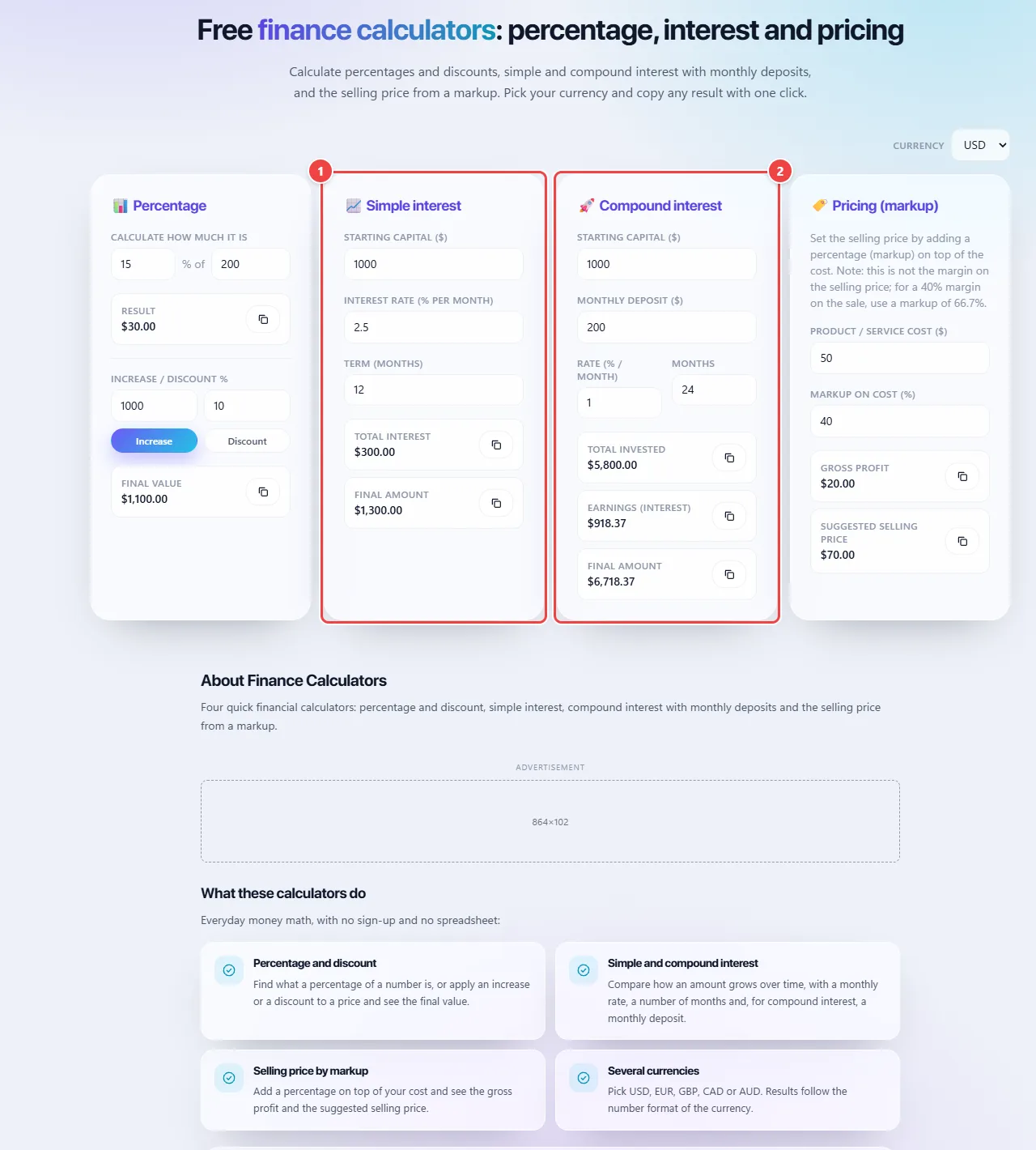 WebFaz Finance Calculators with the percentage, increase and discount, simple interest, compound interest and pricing (markup) calculators, each with its fields for capital, rate and term.