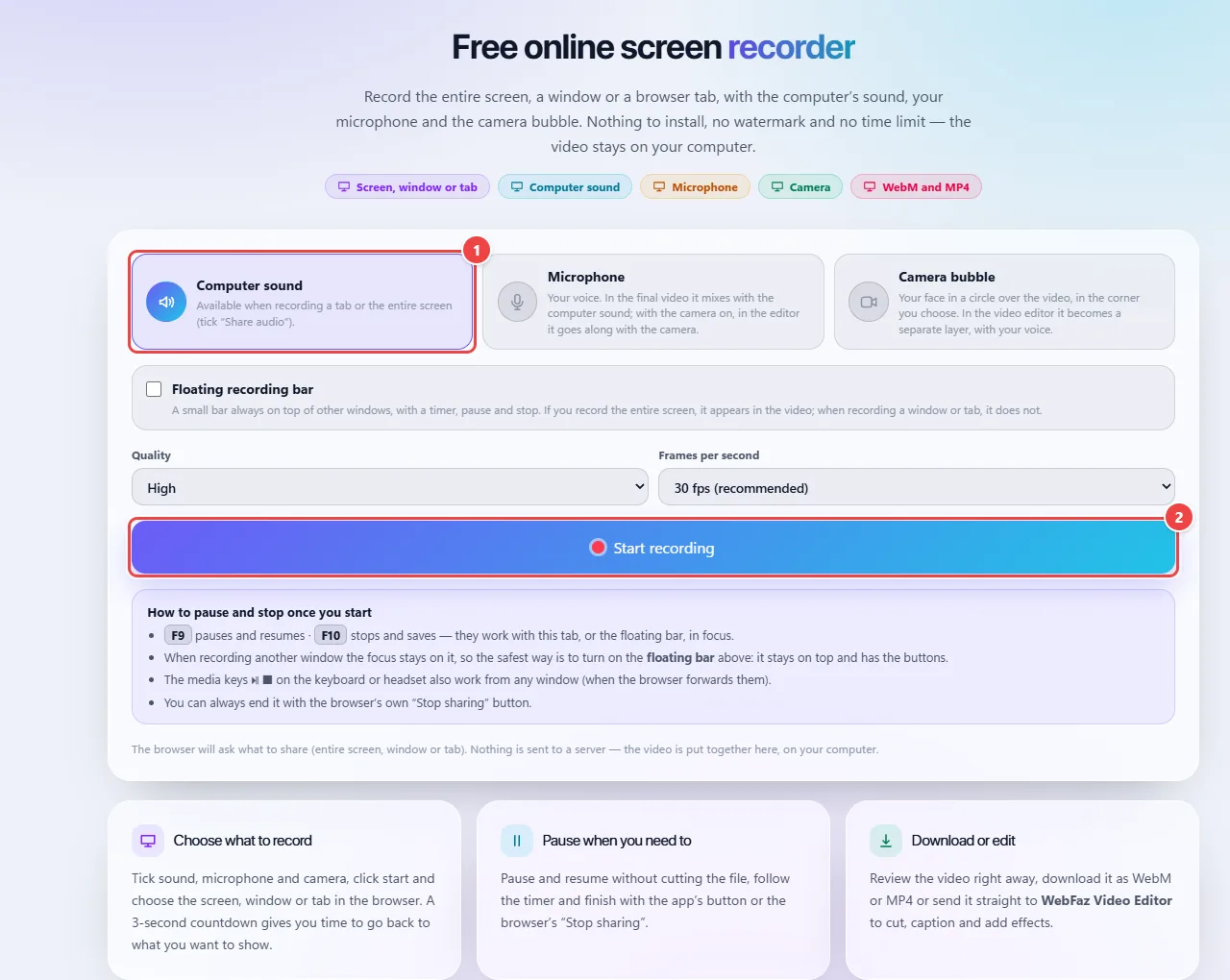 Screen Recorder with the Computer sound option checked, beside the microphone and the bubble camera, and the Start recording button.