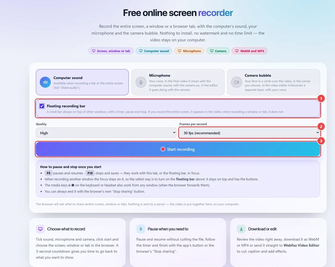 Screen Recorder with the Floating recording bar option checked, the quality and frames per second and the Start recording button.