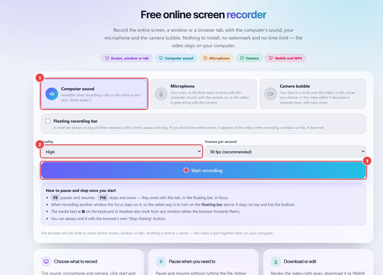WebFaz Screen Recorder with the Computer sound, Microphone and Bubble camera options, the floating recording bar, the quality, the frames per second and the Start recording button.