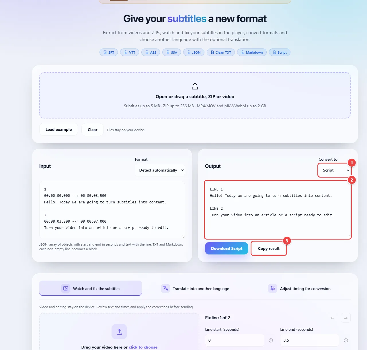 WebFaz Subtitles with the Markdown output format chosen: the lines become running text with no time codes in the result area, with the Download and Copy result buttons.