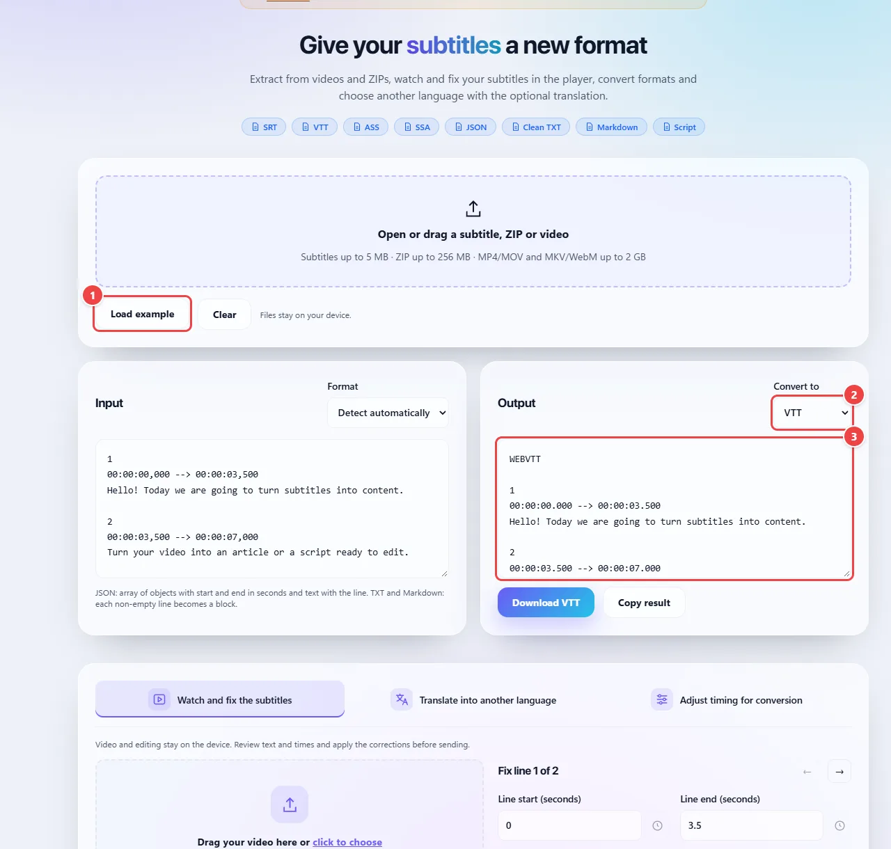 WebFaz Subtitles with an example loaded: on the left the original content in SRT, on the right the converted result, with the input and output format selectors and the Download and Copy result buttons.