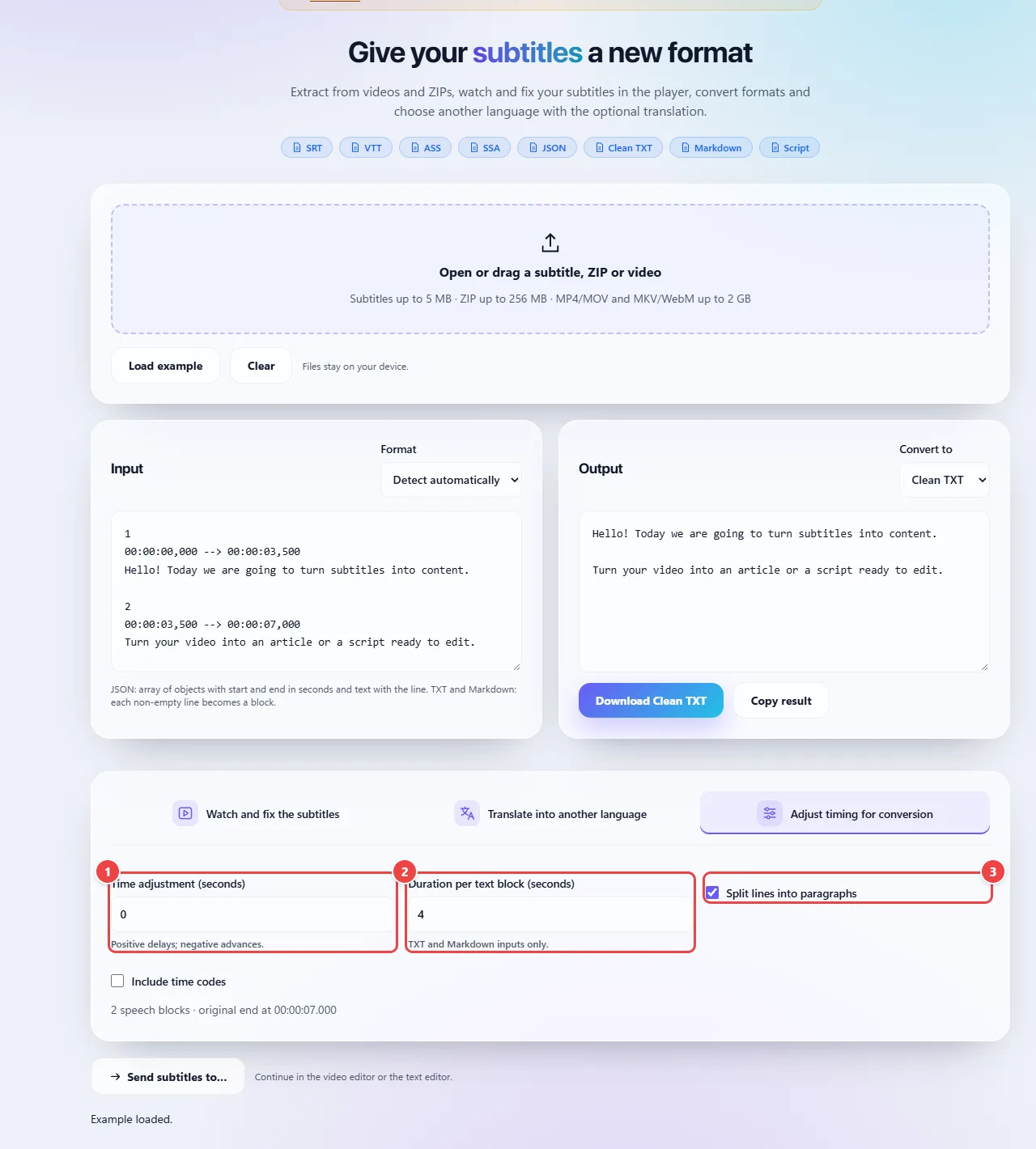 Adjust timing for conversion tab with the Time shift in seconds and Duration per text block in seconds fields and the Split lines into paragraphs option.