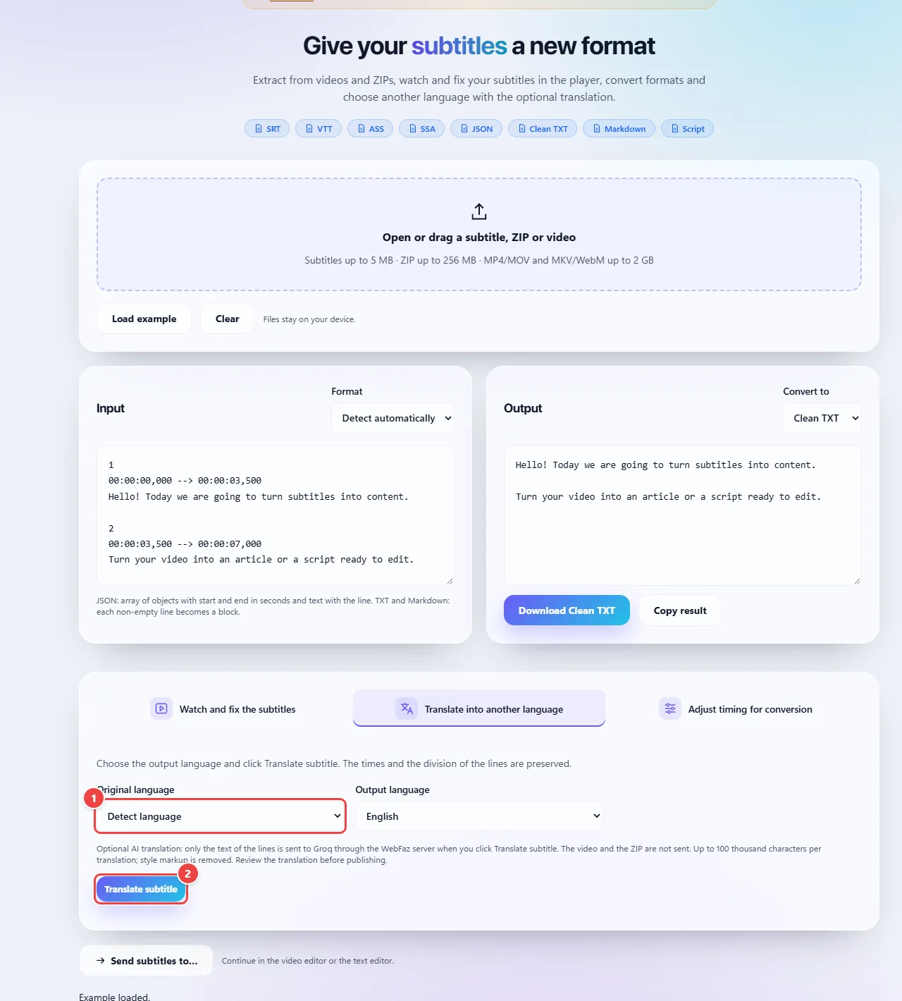 Translate to another language tab, with the choice of the original language and the output language and the Translate subtitles button, and the notice at the top that the text of the lines is only sent to AI when you click Translate.