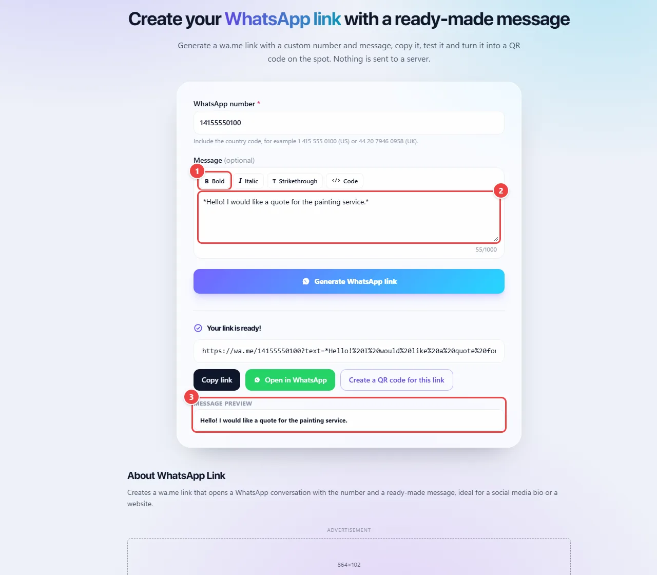 WhatsApp Link with the message formatted in bold: the Bold, Italic, Strikethrough and Code buttons above the message box and the preview of how the text appears on WhatsApp.