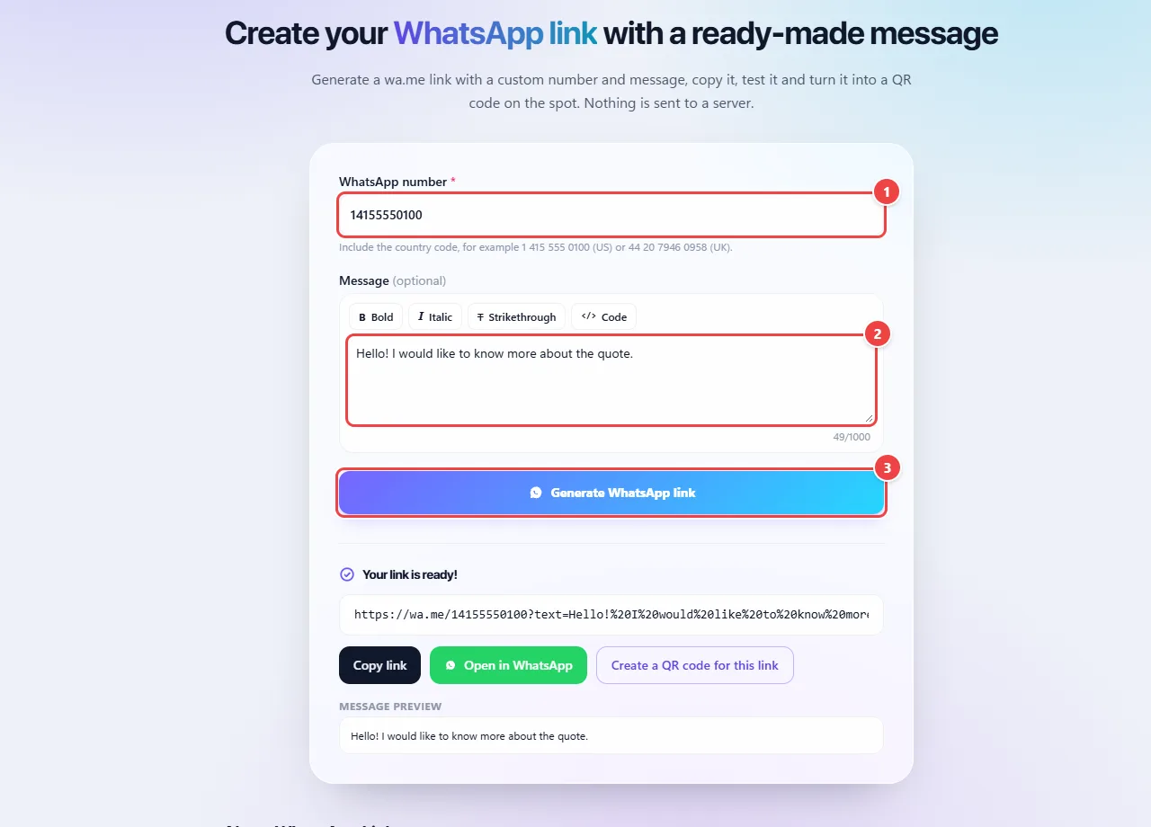 WebFaz WhatsApp Link generator with the number filled in, the ready message with formatting options and the Generate WhatsApp link button, followed by the generated wa.me link.