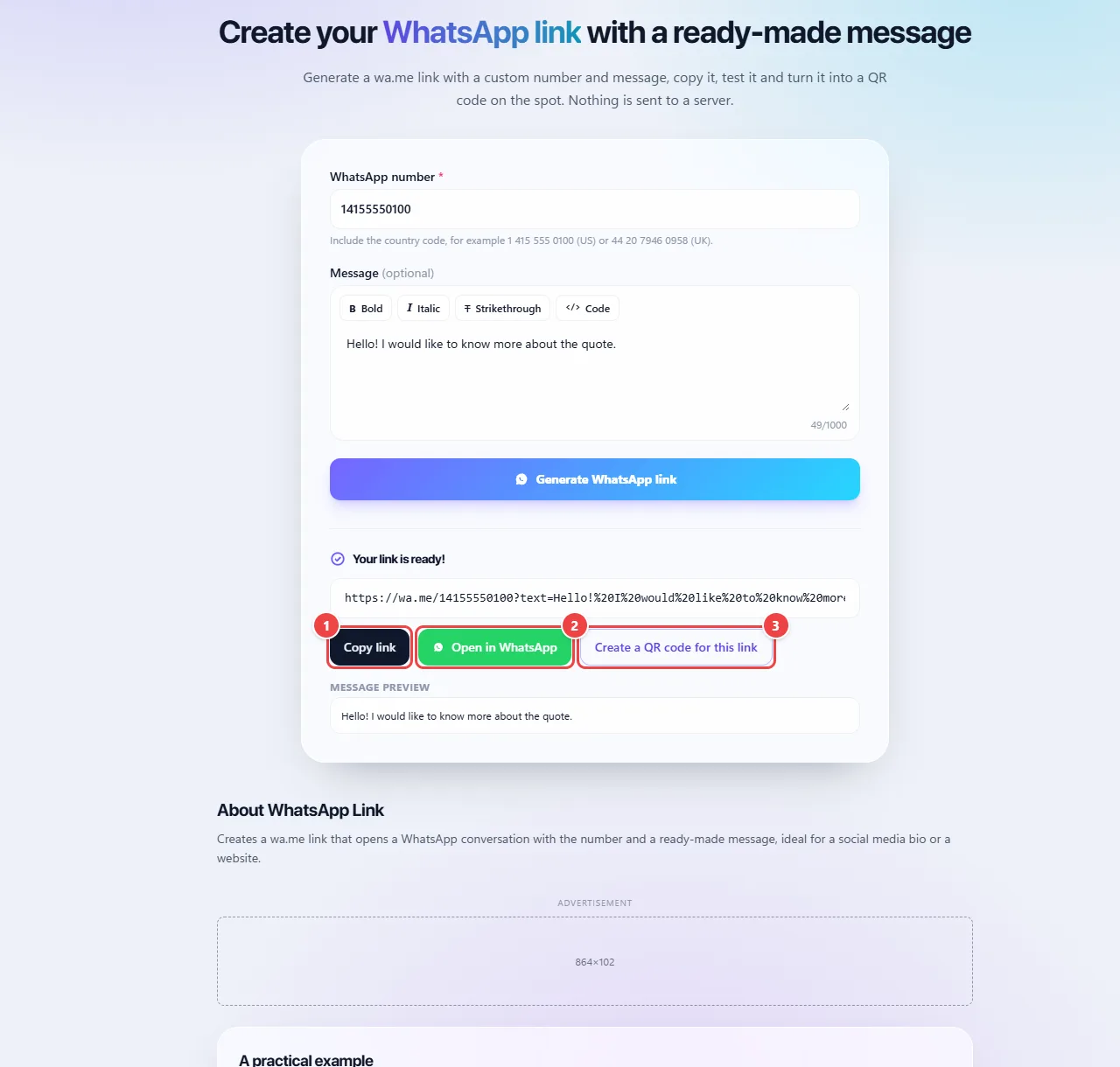 WhatsApp Link after generating: the wa.me address and the Copy link, Open in WhatsApp and Generate QR Code for this link buttons.
