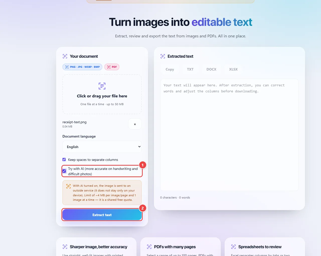 WebFaz OCR with an uploaded image and the Try with AI option checked, with the notice that the image will be sent to the external service, and the Extract text button.