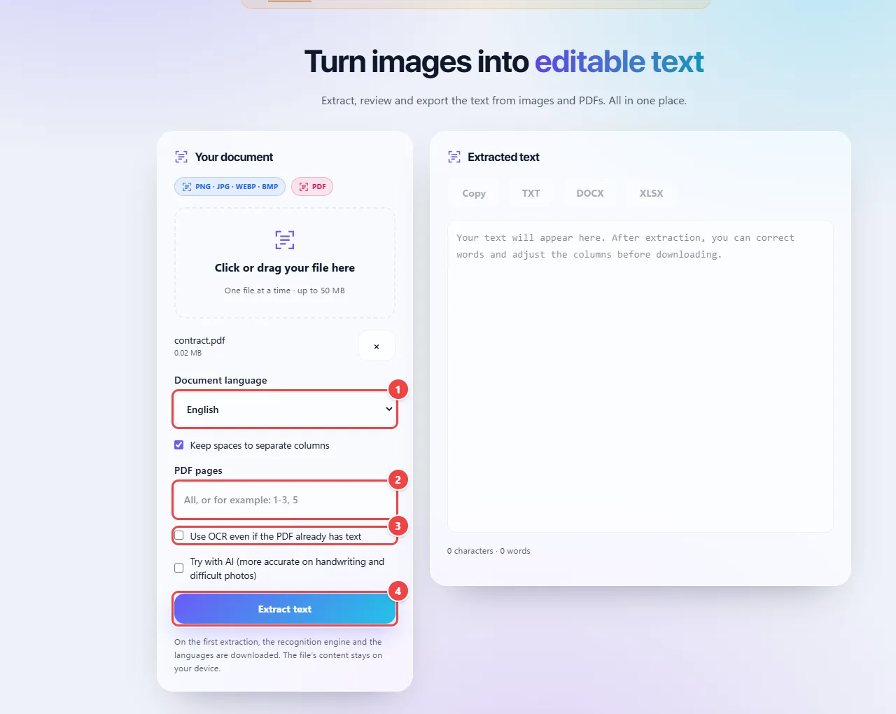 WebFaz OCR with an uploaded PDF: the document language, the PDF pages field, the options to preserve spaces and to use OCR even if the PDF already has text, and the Extract text button.