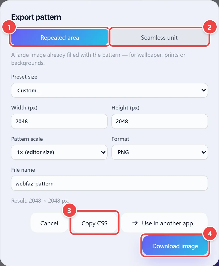 Export pattern window on the Repeated area tab: the preset size, the width and height in pixels, the pattern scale, the format, the file name and the Copy CSS, Use in another app and Download image buttons.