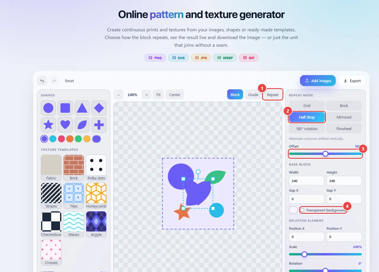 WebFaz Patterns with the Repeat mode active and the Half Drop repeat chosen: the preview shows the pattern filling the area, and on the right are the offset, the tile width and height, the spacing in X and Y and the transparent background option.