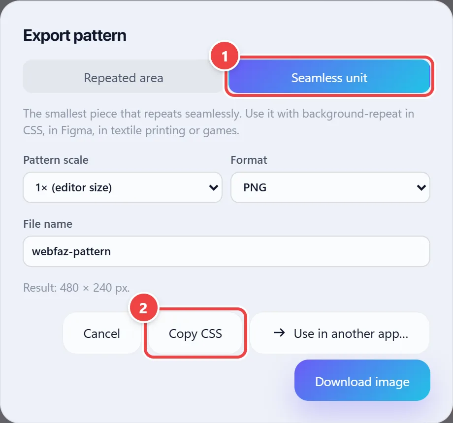 Export pattern window on the Seamless unit tab, with the options to export only the repeating block and the Copy CSS, Use in another app and Download image buttons.